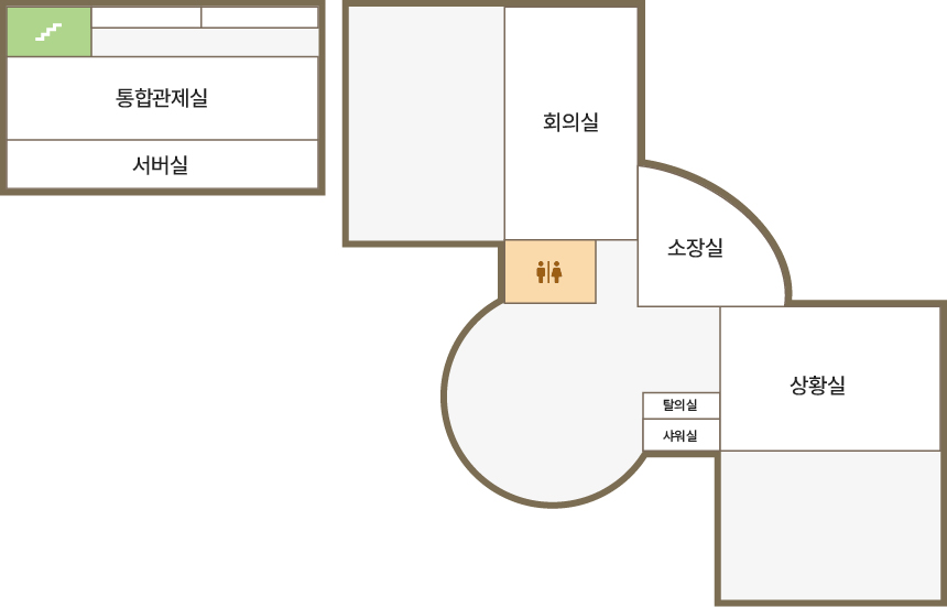 2층 사업소 안내도입니다. 2층에는 통합관제실, 소장실, 대회의실이 있습니다. 