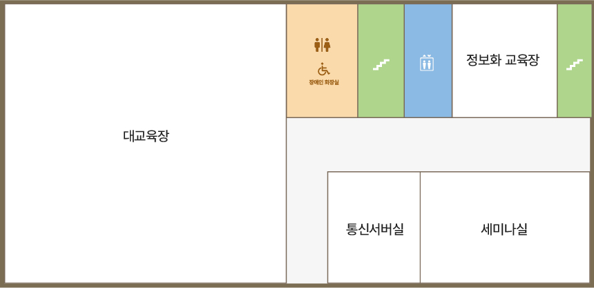 3층 안내도입니다. 3층에는 대교육장, 통신서버실, 세미나실, 정보화 교육장이 있습니다. 