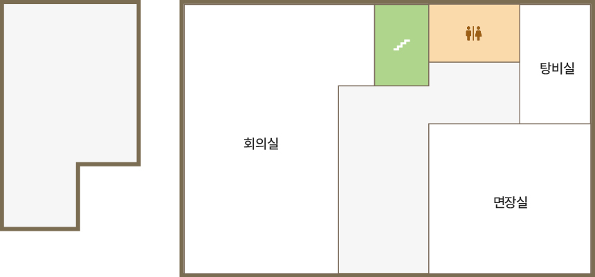 2층 안내도입니다. 2층에는 면장실, 회의실, 탕비실이 있습니다. 