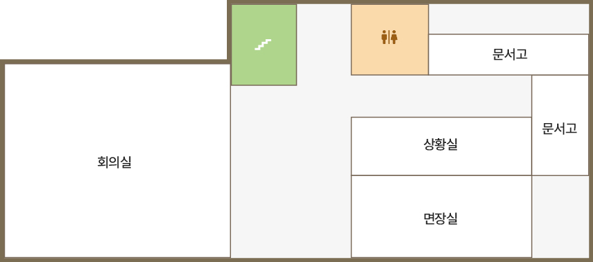 2층 청사안내도입니다. 2층에는 회의실, 면장실, 상황실, 문서고가 있습니다. 