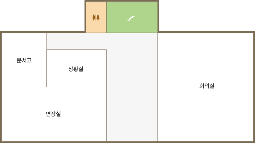 2층 청사안내도입니다. 2층에는 문서고, 상황실, 면장실, 회의실이 있습니다. 
