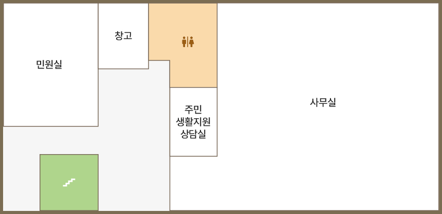 1층 청사안내도입니다. 1층에는 민원실, 창고, 주민생활지원상담실, 사무실이 있습니다. 