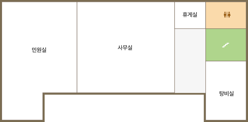 1층 청사안내도입니다. 1층에는 민원실, 사무실, 휴게실, 탕비실이 있습니다. 