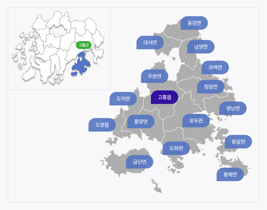 왼쪽은 전라남도 지역에서 고흥군의 위치를 표시하고 있으며 오른쪽은 고흥군의 각 면의 위치를 표시한 지도입니다. 위에서부터 동강면,대서면,남양면,과역면,두원면, 점암면, 도덕면, 고흥읍, 영남면, 도양읍, 풍양면, 포두면, 도화면,금산면, 동일면, 봉래면이 위치하고 있습니다. 