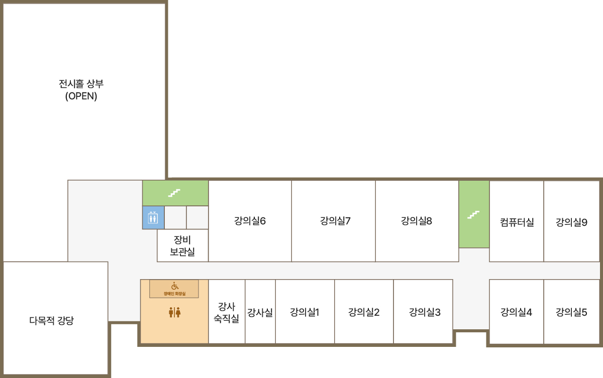 2층 사업소 안내도입니다. 2층에는 전시홀 상부(OPEN), 다목적 강당, 장비보관실, 강사숙직실, 강사실, 강의실1, 강의실2, 강의실3, 강의실4, 강의실5, 강의실6, 강의실7, 강의실8, 강의실9, 컴퓨터실이 있습니다.