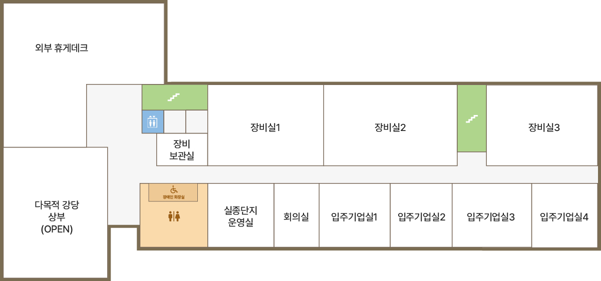 3층 사업소 안내도입니다. 3층에는 외부 휴게데크, 다목적 강당상부(OPEN), 장비보관실, 장비실1, 장비실2, 장비실3, 실종단지운영실, 회의실, 입주기업실1, 입주기업실2, 입주기업실3, 입주기업실4이 있습니다.